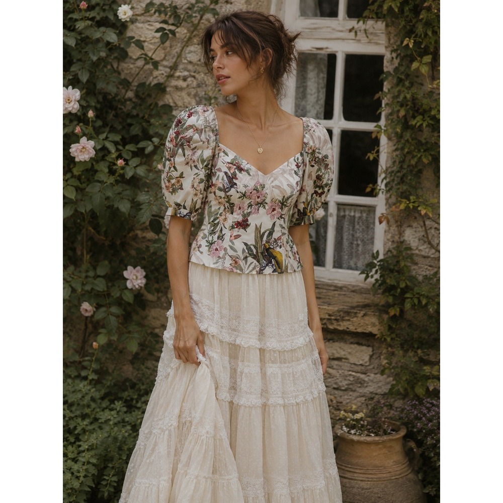 Floral Bird Puff Sleeve‎ Top M Cream Victorian Cottage Boho Botanical Fairycorre